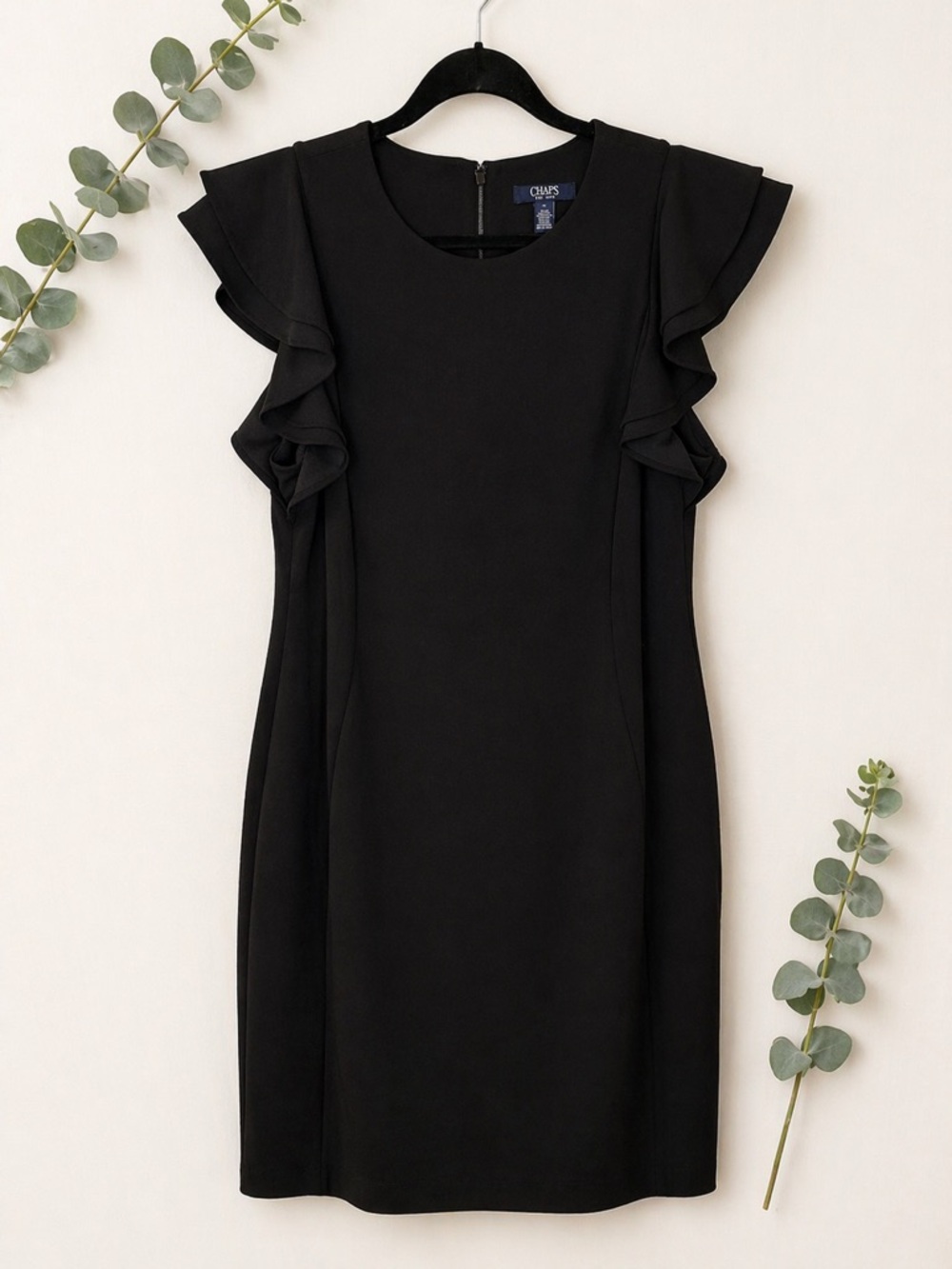 Chaps Black Ruffle Sleeve Sheath Dress Size 14 Work Office Career Classic